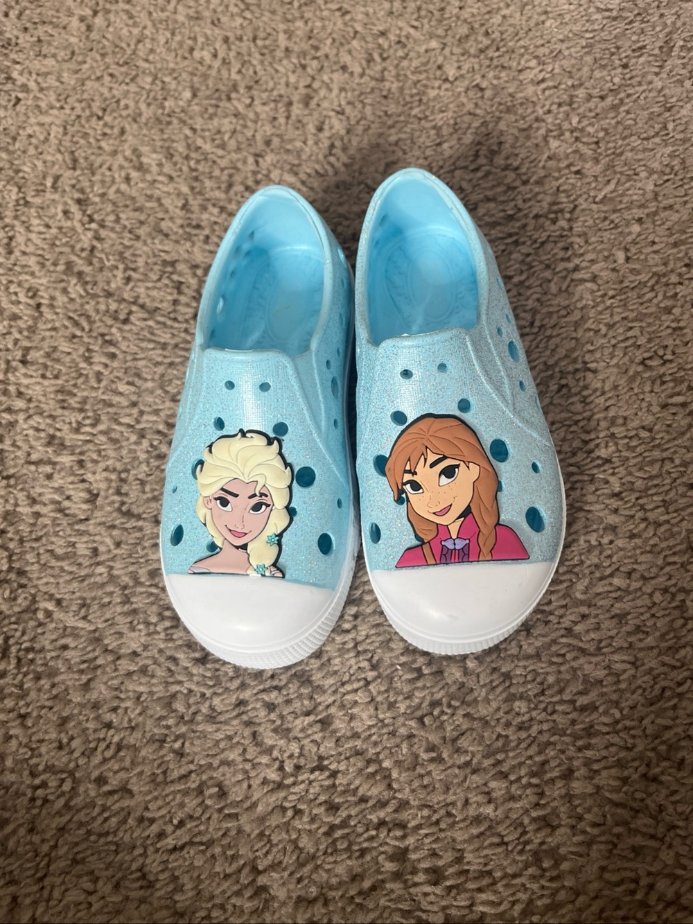 Disney Girls Light Blue Glitter Slip-On crocs style with Frozen Characters